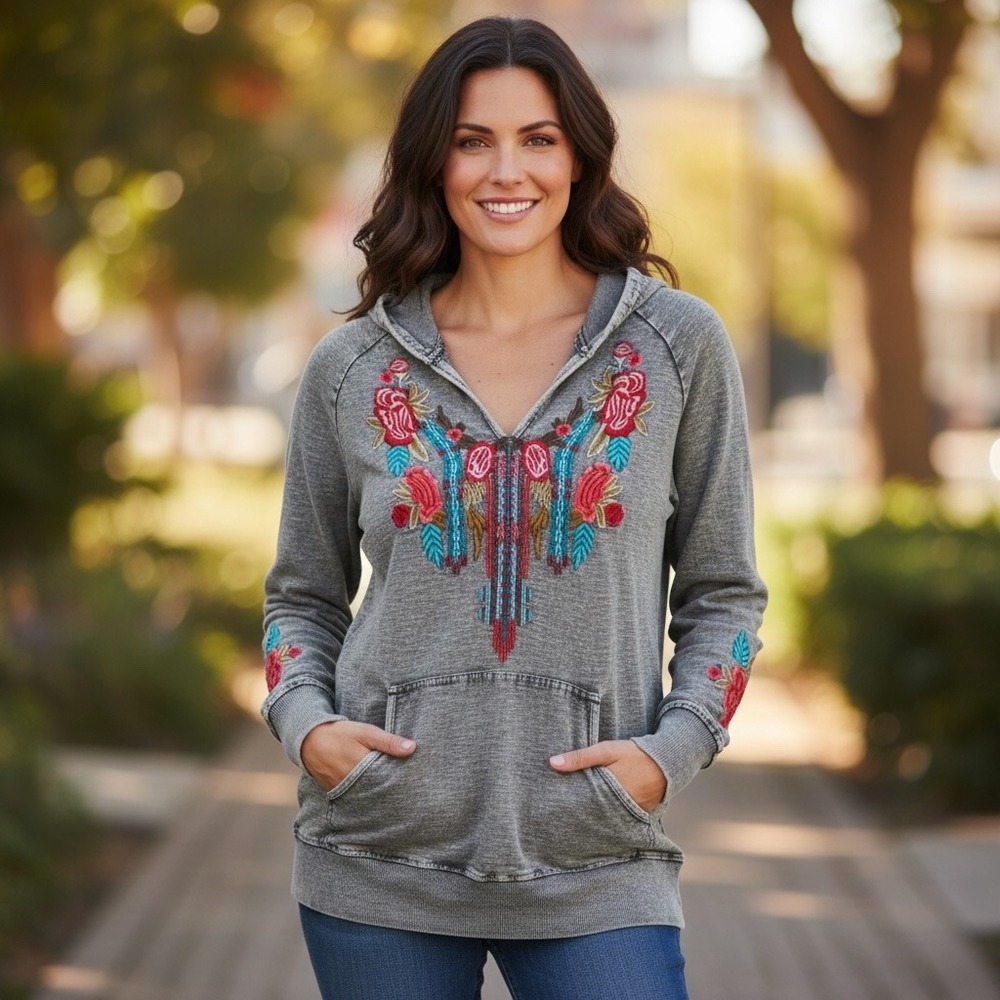 Avani del amour Hoodie Womens Large Grey Embroidered Acid Wash Boho Pullover